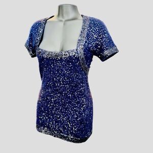 Donna Karen New York Sweater Dress Navy Sequins Square Neck Short Sleeve Small